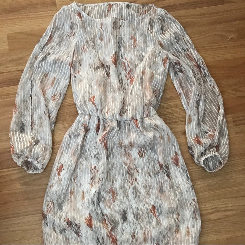 Tan pattern dress with subtle sparkle stripes